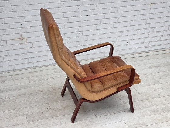 Jaren 70, Scandinavische Hoge Rug Fauteuil, Meubelleer, Gebogen Hout – Canvas (photo 11 of 20)