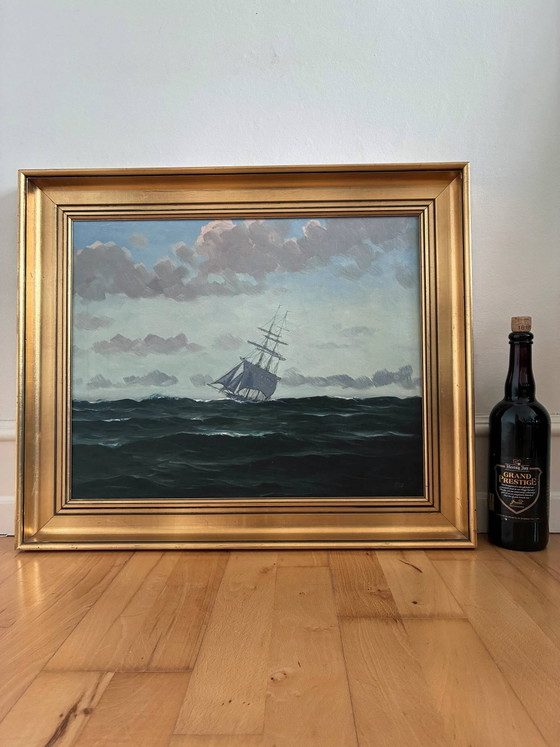 Image 1 of Peinture à l'huile originale vintage représentant une marine, signée, art de voilier
