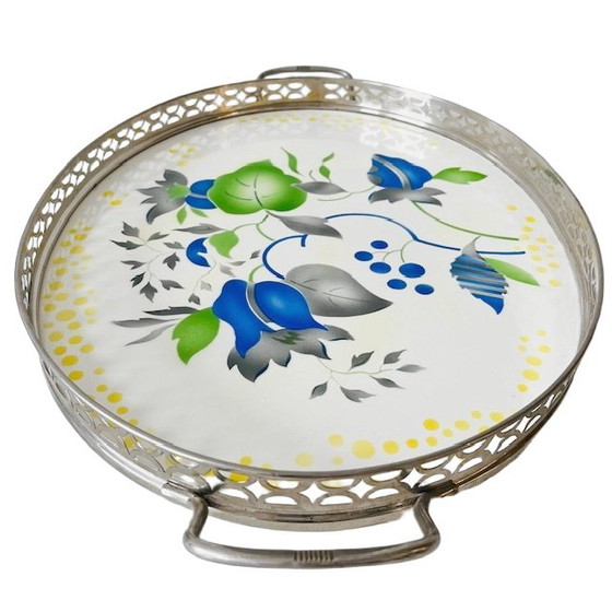 Image 1 of Plateau Artdeco porcelaine et métal fleurs graphiques