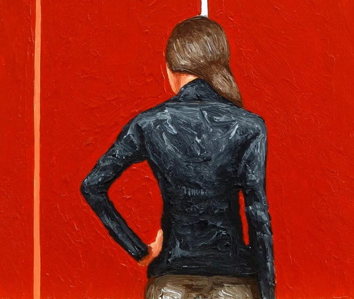 Woman looking at the painting 'Vir Heroicus Sublimis' by Barnett Newman.
