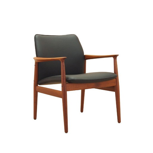 Lounge Sessel von Grete Jalk, massiver Teakholzrahmen, schwarzer Lederbezug, Dänemark, 1970er Jahre