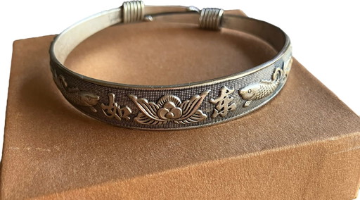 Bracciale Antico Cinese in Argento Presunto – Pesci Koi e Loto, Punzonato