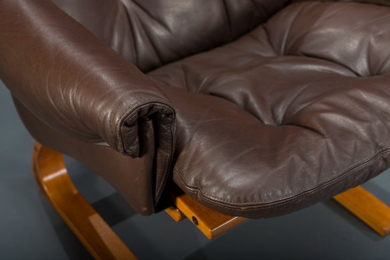 Image 1 of Set 2 bruin leren fauteuils van Elsa & Nordahl Solheim voor Rybo Rykken & Co, 1970