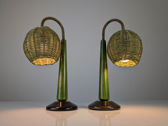Image 1 of Lampade in rattan verde in stile moderno organico Mario Lopez Torres, anni '80