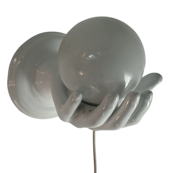 Image 1 of Wall lamp / sconce - Shaped as a hand holding a glass dome - Opaline Glass and Ceramic base - Space age / Pop art