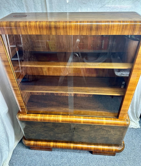 Antique Art Deco Style Display Cabinet Burr Walnut 1920s/30s, Wood, Brown (photo 11 of 15)