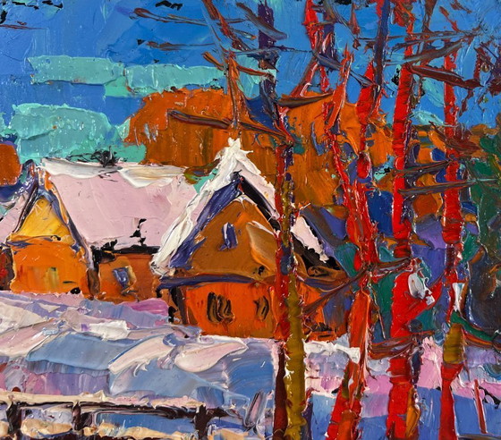 Image 1 of Original Oil Painting Winter Village Landscape Frosty breath of dawn