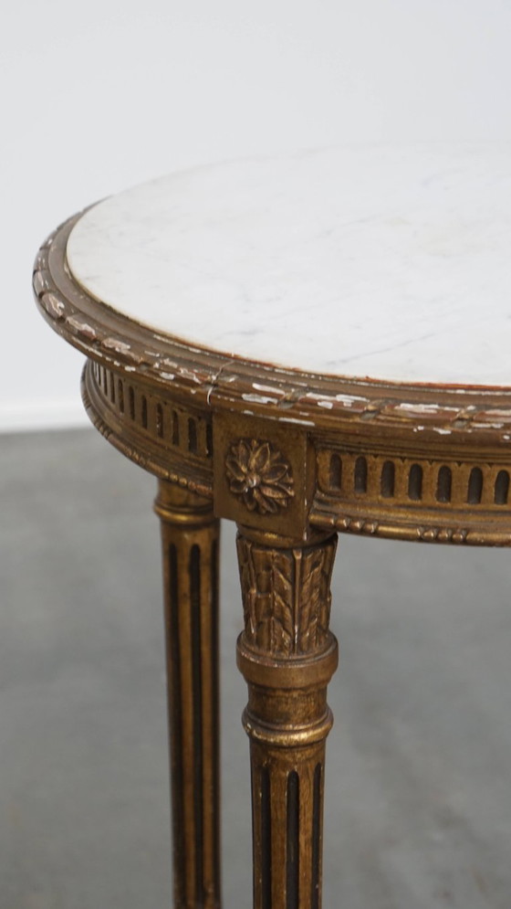 Image 1 of Antique French round gold side table with a marble top