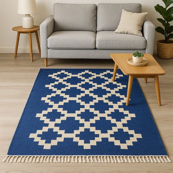 Image 1 of Senon Kelim Läufer 90 × 160 cm - Handgefertigt in Ägypten - Blauer Diamant, Flachgewebe