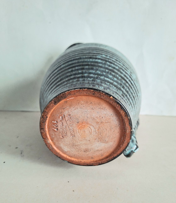 Image 1 of Alexandre de Wemmel ceramics, Heffen, Belgium. Green handmade jug with a twisted handle, 1950s.