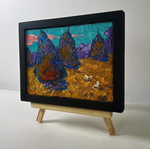 Original Oil Painting Nature Field Landscape Warm spring day