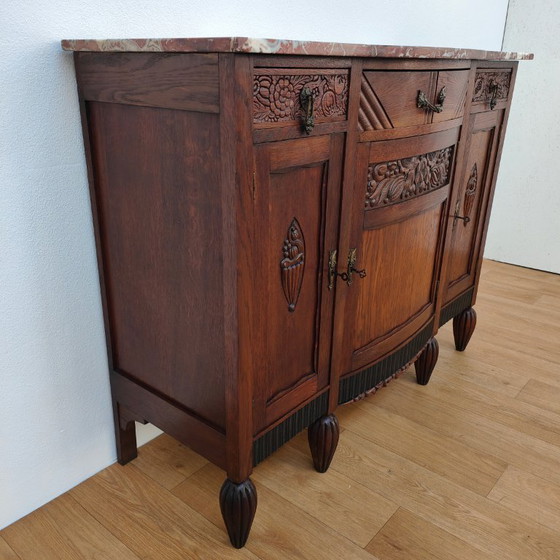 Image 1 of Klassieke, landelijke vintage commode dressoir met marmer blad