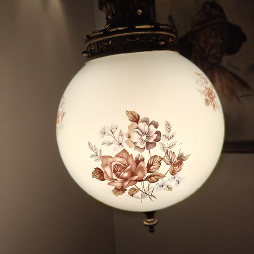 Vintage Hängelampe aus Opalglas mit Blumenmuster – Pendelleuchte in Messingoptik – Leuchtmittel inklusive