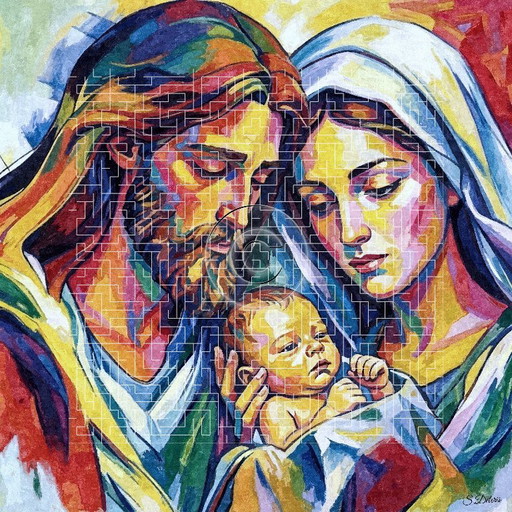 Jesús, María y José / Pintura al óleo impresionista de gran formato (80x80 cm)