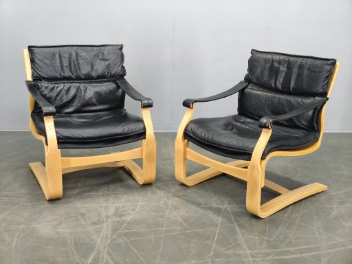 Een paar leren fauteuils van Åke Fribytter voor Nelo Kroken, jaren 60.