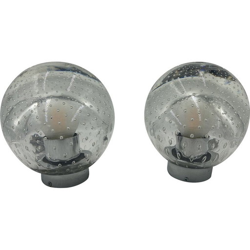 Pair of vintage Murano glass and chrome metal ball lamps, 1960