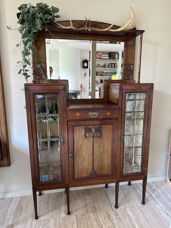 Antieke Art Nouveau Pronkkast/Vitrinekast Met Spiegel – Vitrinekasten, Glass, Wood (photo 3 of 42)