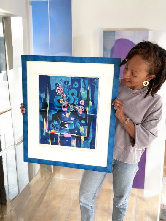 Image 1 of Lithographie limitée signée au crayon de Tony Agostini, Bouquet Au Vase Bleu, cadre personnalisé