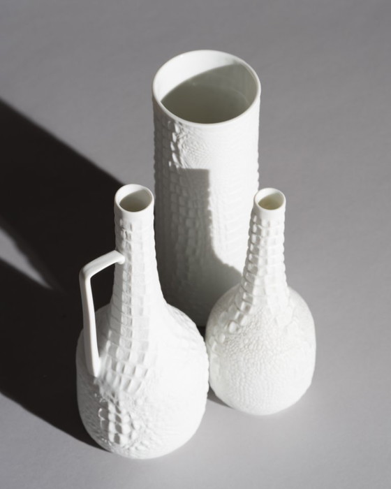 Image 1 of AK Kaiser Biscuit Porcelain Reptile Crocodile Vase Trio Manfred Frey Germany 70s