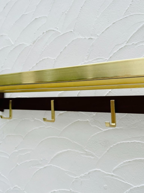 Image 1 of Vintage 1970s wooden and brass wall-mounted coat rack
