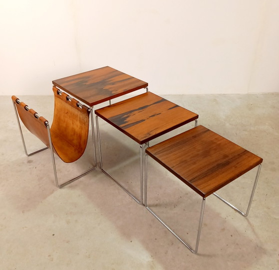 Vintage Dutch Design Brabantia Miniset Met Tuigleer Lectuurbak Nesting Tables – Bijzettafels, Leather, Metal (photo 3 of 9)