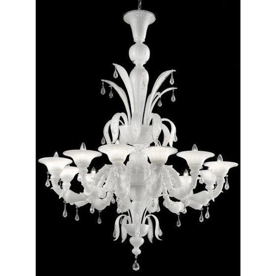 Image 1 of Weißer venezianischer „Ca’ Rezzonico“-Kronleuchter aus Muranoglas mit klaren Glastropfen