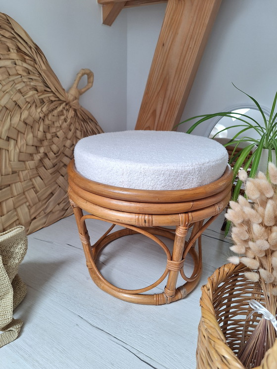 Image 1 of Rattan And Bouclette Fabric Pouf