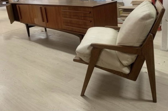 Image 1 of Fauteuil scandinave vintage en bois massif et cuir 