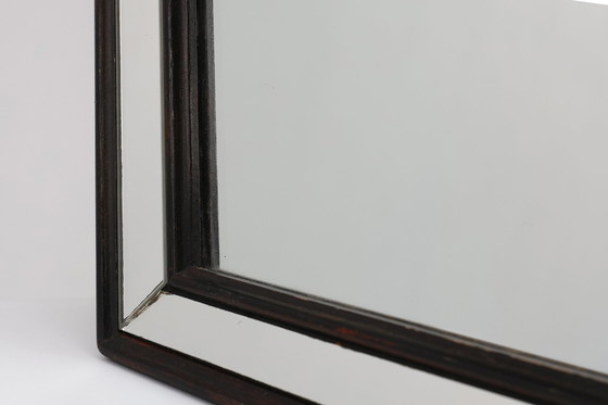 Image 1 of Miroir octogonal graphique du milieu du siècle avec cadre en bois et miroir noir, années 1960.