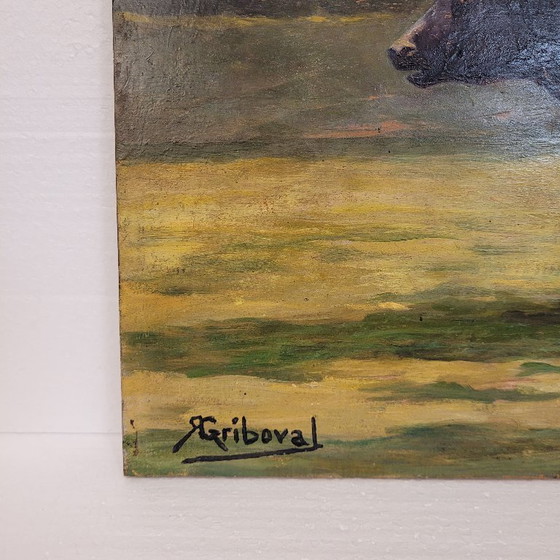 Image 1 of Oil on panel “cow”, Roger Griboval, Rouen School, 1980s – France