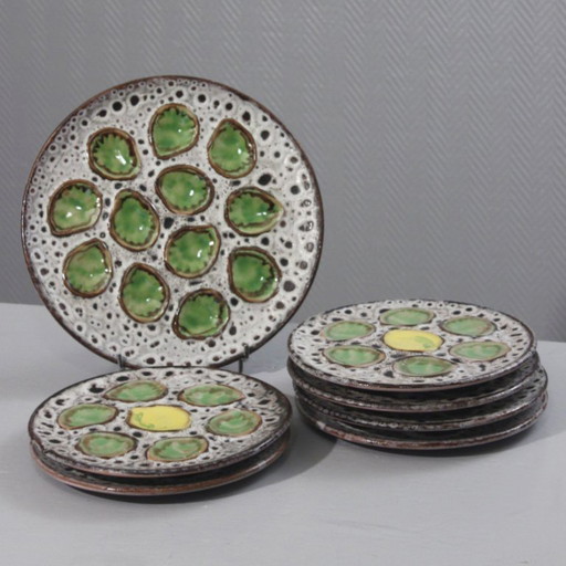6 Person Oyster Service Vallauris ceramics lava enamel circa 1950