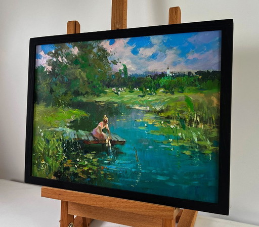 Original Oil Painting Summer River Landscape A girl washes herself at a pond