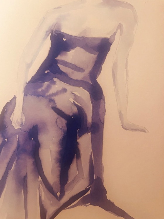 Tableau signé portrait féminin « robe de soirée bleue nuit » – Peintures et dessins, Papier (photo 9 of 10)