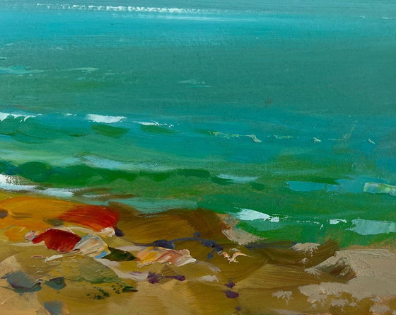 Image 1 of Peinture à l'huile originale représentant un paysage côtier avec des mouettes survolant la mer.