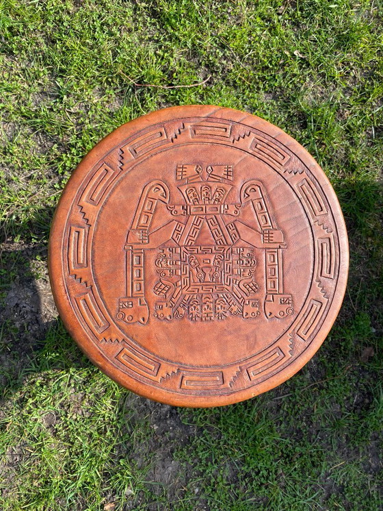 Image 1 of Vintage leather top table Aztec / Mayan equipale style