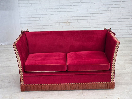 1970s, Danish 2-seater "Spanish" drop arm sofa, furniture velour., 2 seaters, Velvet, Wood, Red (photo 22 of 23)