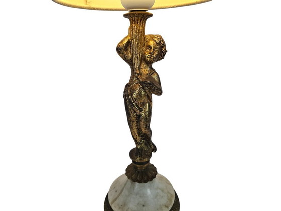 Image 1 of Lampe de table style Art nouveau - dorée - Cupidon - marbre - troisième quart du XXe siècle