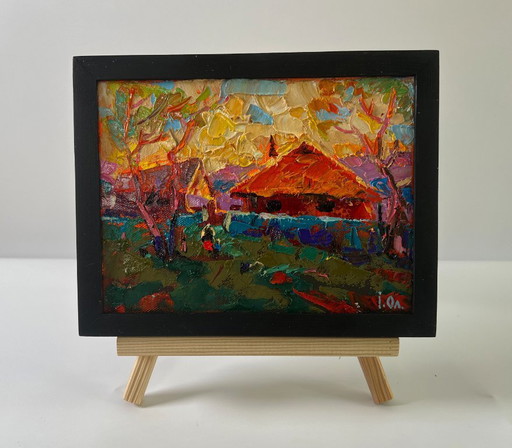 Original Oil Painting Rural Evening Landscape Sunset Village Glow – schilderijen tekeningen, Canvas