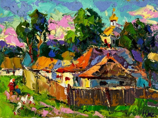 Origineel olieverfschilderij: Landelijk landschap, straat, een warme zonnige dag in het dorp