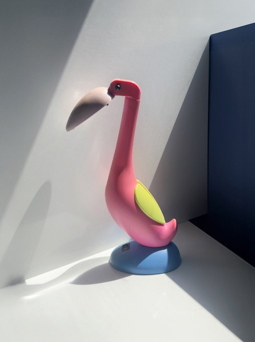 Flamingo table lamp, 80s postmodern, toucan lamp, Memphis Milano, 1980s pink pop art, Miami Vice, Art Deco Revival