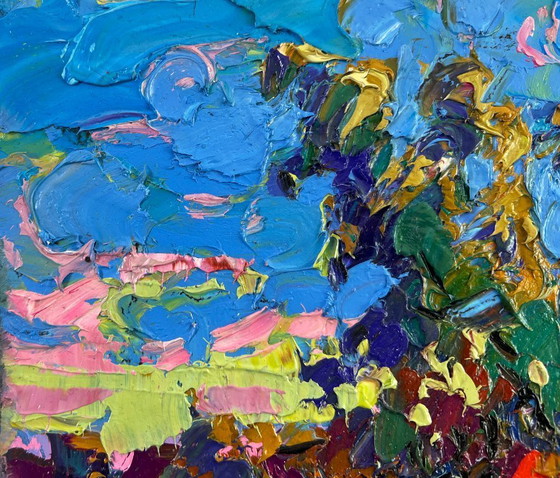 Image 1 of Original Oil Painting Summer Village Landscape When the day fades into evening