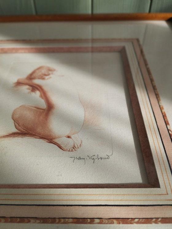 Image 1 of Female nude by Jean Vyboud. Signed and framed sanguine etching.