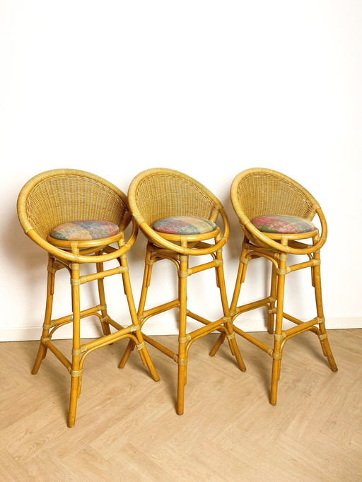 3X Vintage Rattan Wicker Barstools