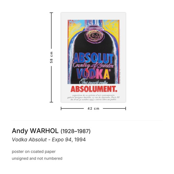 Image 1 of Poster di Andy Warhol per la Vodka Absolut all'Expo del 1994.