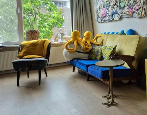 1950s wooden bench with designer upholstery – 3 5 zitsbanken, Textile