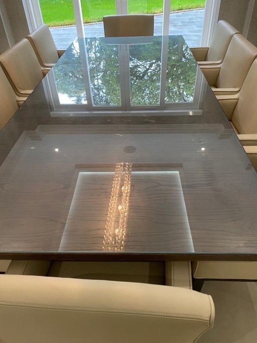Table de salle à manger avec plateau en bois massif 280cm x 120cm en chêne gris avec plateau en verre protecteur