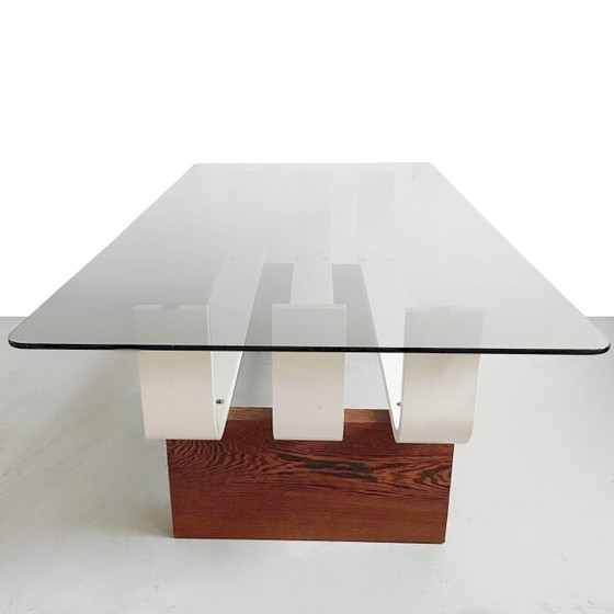 Image 1 of Vintage mid-century Space age salontafel teak rookglas 1970's