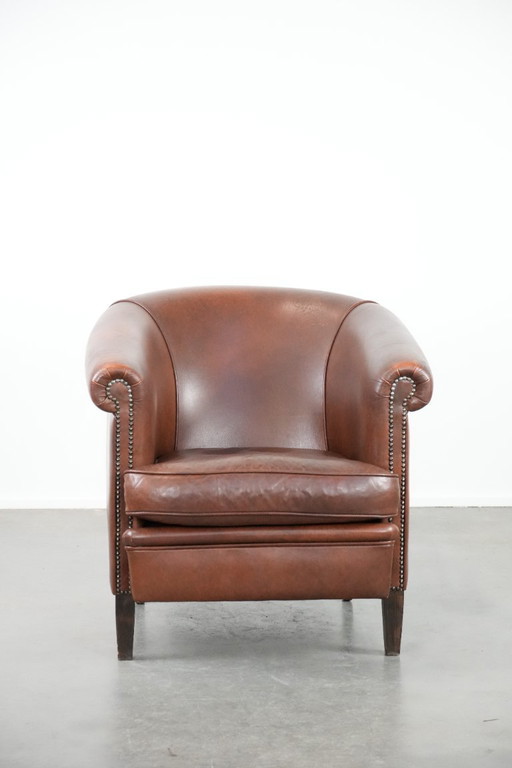 Cognac-colored cowhide leather club armchair in English style with a luxurious appearance