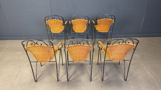 Image 1 of Chaises en osier attribuées à Frederick Weinberg, années 1960, ensemble de 6