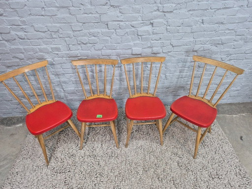 Vintage Design Set of Four Spindle-Back Kitchen Chairs – Beech Wood with Red Leatherette Upholstery, Northern Europe, 1960s